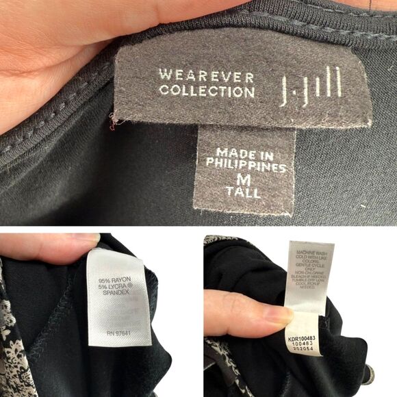 J. Jill Paisley Dress Medium TALL Wearever Black Gray Pleated 3/4 Sleeve Stretch - Picture 13 of 13